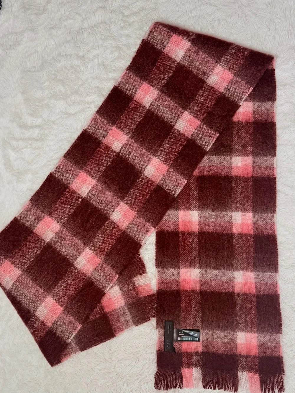 Zara Burgundy and Pink Plaid Scarf